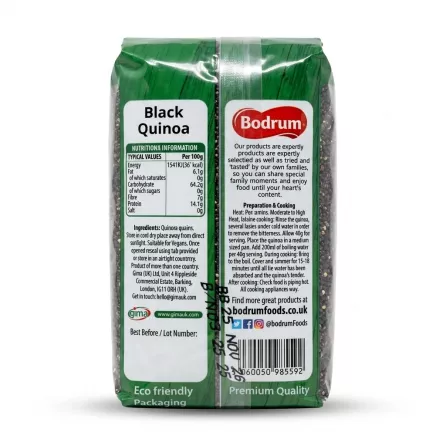 Enhanced Back of Bodrum Black Quinoa 500g pack showing nutritional info and barcode