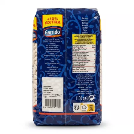 A 1:1 professional e-commerce product photograph showing the back of an 1100g plastic bag of Garrido Extra White Beans. The bag is blue and clear, with all nutrition facts and product details clearly visible against a pure white background. The product is perfectly centered, sharply focused, and lit with soft, professional studio lighting.