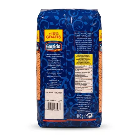 Enhanced Back of Garrido Extra Red Lentils 1100g eco format pack showing nutritional info