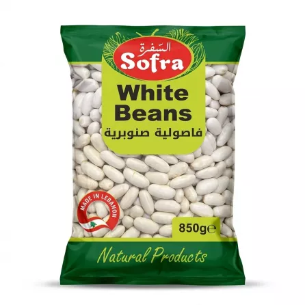 Enhanced Front view of Sofra White Beans 850g bag in a store aisle