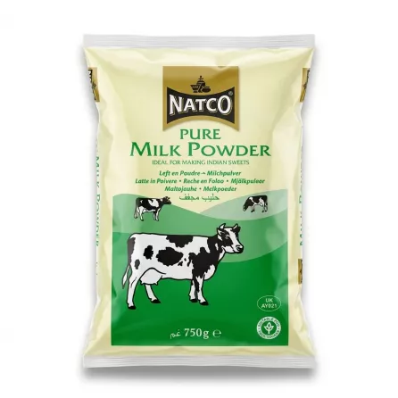 A 750g clear plastic bag containing Natco Pure Milk Powder, with professional branding and cow graphics, presented against a clean white background.