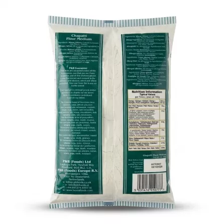 Enhanced Back of Heera Chapatti Flour Medium bag with ingredients and company info