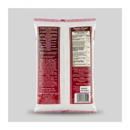 A professional 1:1 e-commerce product photograph featuring the back of a Heera Maida Flour pack on a clean, light grey background. This sharp, centered image displays clear ingredient lists in multiple languages, a comprehensive nutritional information table, best before dates, and manufacturing details, with a soft, even shadow for depth.