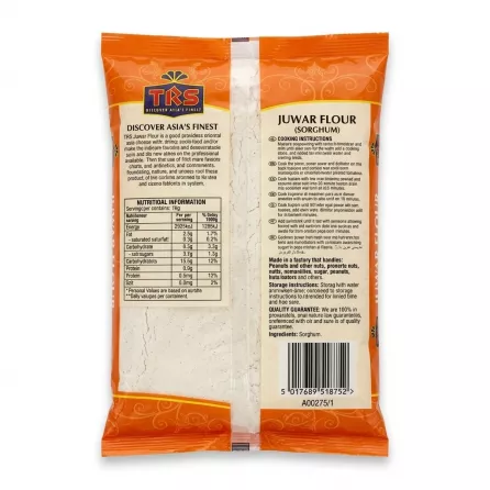 Enhanced Back of TRS Juwar Flour 1kg showing nutritional info and ingredients