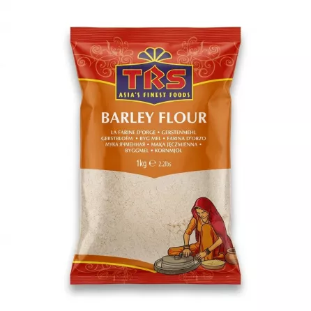 A 1kg pack of TRS Barley Flour, labeled "Asia's Finest Foods," is shown against a plain white background. The packaging features a woman with a traditional grinding stone, and text in multiple languages below the product name.