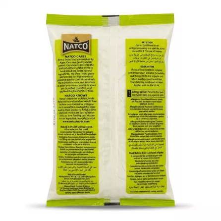 A professional 1:1 photograph of the back packaging for Natco Rice Flour 500g, featuring detailed text, instructions, and ingredients.