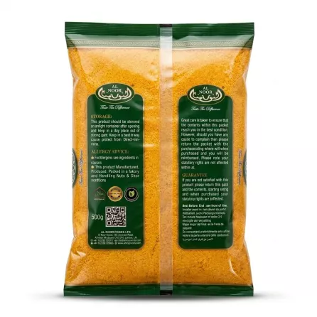 ** A professional back view photo of the 500g Al Noor Golden Bread Crumbs package against a clean white background. It clearly displays the green branding, storage instructions, and specific allergy advice for the product.