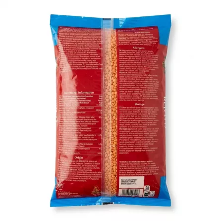 Enhanced Back of TRS Red Lentils 2kg pack showing nutritional and allergen info