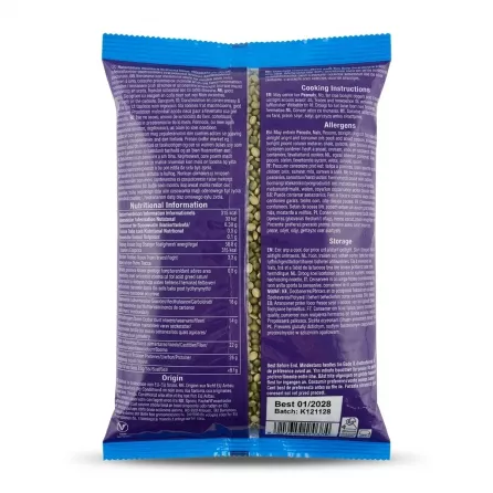 Enhanced Back of TRS Mung Dal Chilka pack with product information