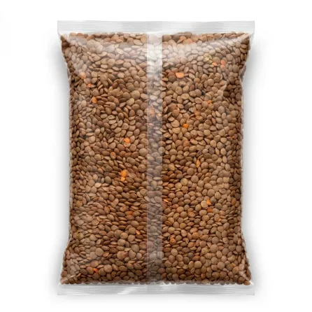 A clear back view of a 1:1 format Safa Brown Whole Lentils 800g pack showing a rich fill of whole brown lentils against a pure white background with soft, symmetrical shadows. A centered, professional e-commerce product photograph of the back view of a Safa Brown Whole Lentils 800g pack. The pack, filling approximately 85% of the frame, is presented vertically against a seamless, pure white studio background. All elements of the hand, background shelves, tags, stickers, and people have been removed, leaving only the transparent plastic packaging filled with the factual brown whole lentils and occasional lighter-colored lentils, exactly as in the original image. The texture and form of the lentils within the bag are rendered with sharp focus and intricate detail. Clean, professional studio lighting evenly illuminates the product, minimizing reflections on the plastic and highlighting the lentil quality. A soft, even shadow is cast directly beneath the product, with equal soft shadows on both left and right sides, creating depth without distortion. The overall presentation is clean, clinical, and high-resolution, perfectly capturing the texture and content of the back of the bag in a square (1:1) aspect ratio. The clear plastic packaging itself is cleaned of any smudges or dirt. The small '800g' text found in the original is retained and clearly legible on the packaging. The a-symmetric nature of the bag and lentil placement within is preserved. The product is perfectly straight and centered within the square canvas.