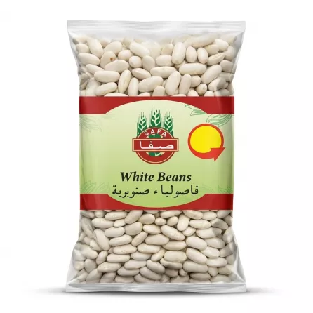 A 1:1 professional e-commerce product image of the Safa White Beans Premium Quality 800g pack, isolated on a clean white background. The front view clearly shows the 'Safa White Beans' label in English and Arabic text.