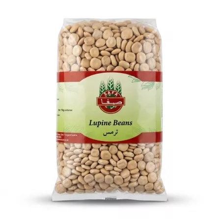 A 1:1 professional e-commerce product photograph of a clear plastic 750g bag of Safa brand Lupine Beans (Tirmis), isolated on a pure white background with soft, symmetrical shadows. The central label features the Safa logo, wheat stalks, and text in English and Arabic, without any price tags or store branding.