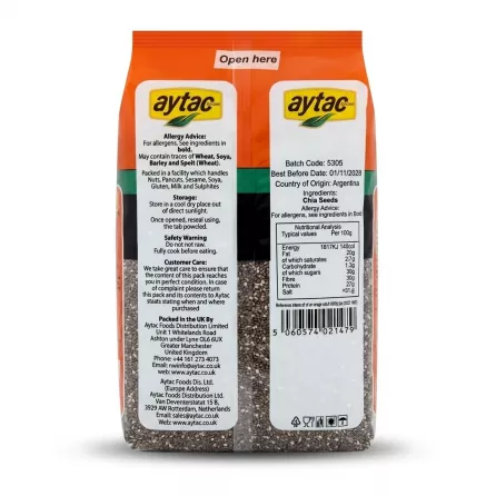 Enhanced Back of Aytac Chia Seeds pack showing nutritional and allergy information