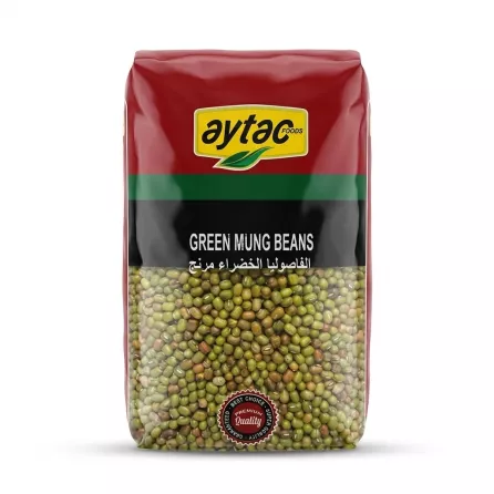 Enhanced Front view of Aytac Green Mung Beans 1kg pack held in hand