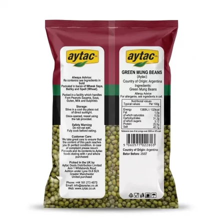 Enhanced Back view of Aytac Green Mung Beans pack with ingredients and storage information
