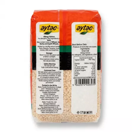 Enhanced Aytac Urad Dal 1kg back packaging with nutritional and allergy info
