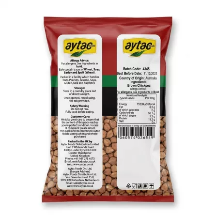 Enhanced Back of Aytac Brown Chickpea packet showing nutrition and allergy info