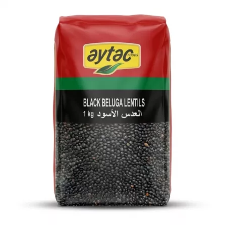 Enhanced Front view of Aytac Black Beluga Lentils 1kg bag