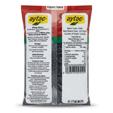 A professional back-view e-commerce photograph of the Aytac 1kg Black Beluga Lentils packaging against a clean white background, showcasing detailed nutritional information, ingredients, allergy advice, and contact details with a clear barcode.