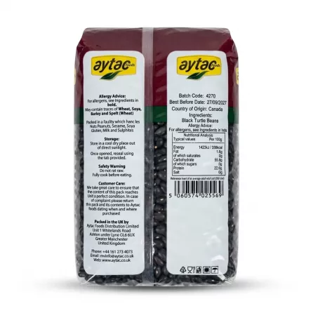 Enhanced Back of Aytac Black Turtle Beans 1kg pack showing ingredients and allergen information