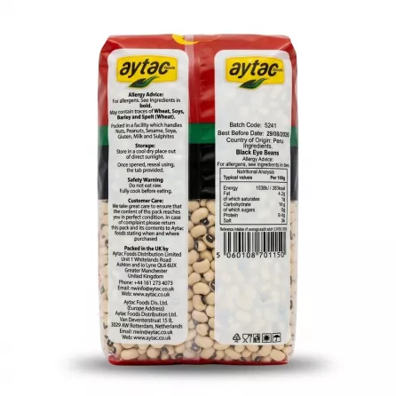 Enhanced Back label with nutritional and allergy information on Aytac Black Eye Beans