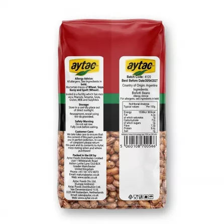 Enhanced Aytac Borlotti Beans 1kg pack back with ingredient and nutritional details