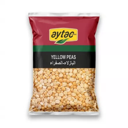 A clear plastic value pack of Aytac brand dried yellow split peas, showing the contents and the label with English and Arabic text, centered against a clean white background with a soft shadow.
