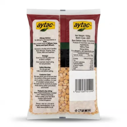 Enhanced Back of Aytac Yellow Peas 1000g pack showing ingredients and nutrition