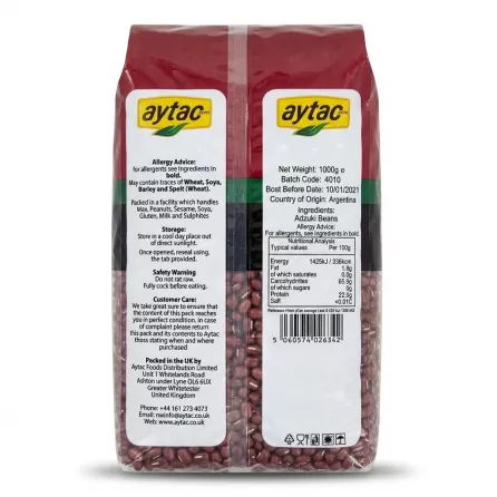 Enhanced Back of Aytac Adzuki Beans 1kg pack showing nutritional information