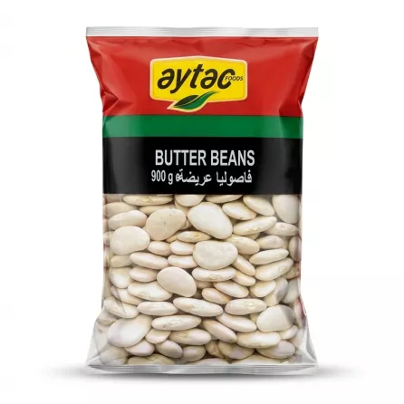 Enhanced Front of Aytac Butter Beans 900g bag held in hand