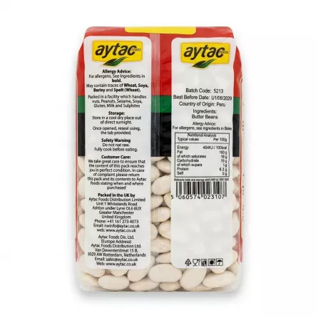 Enhanced Back of Aytac Butter Beans package with allergy advice and contact details