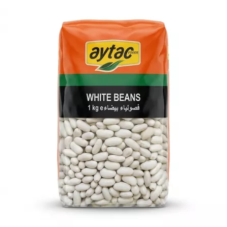 A clear and orange 1kg family pack of Aytac White Beans (Cannellini), presented on a clean white background with a soft, even shadow. The packaging features the Aytac logo and bilingual text. PRODUCT TITLE: Aytac White Beans Family Pack (1kg)