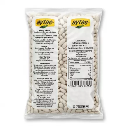 Enhanced Back of Aytac White Beans 1kg showing ingredients and nutritional information