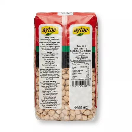 Enhanced Back of Aytac Jumbo Chickpea pack showing product information and barcode
