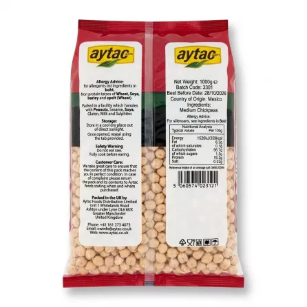Enhanced Back view showing ingredients, nutritional info, and barcode of Aytac Medium Chickpeas 1kg