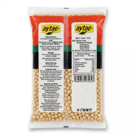 Enhanced Back view of Aytac Soya Beans 1kg pack showing nutritional info and contact details
