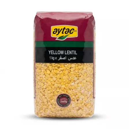 A professional e-commerce product photograph of a 1kg clear plastic pack of Aytac Yellow Lentils, featuring the branding, a 'Premium Quality' badge, and the 1kg e weight.