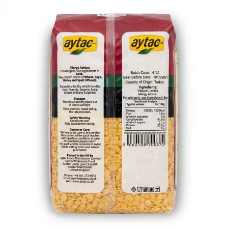 Enhanced Back of Aytac Yellow Lentil 1kg pack showing ingredients and contact info
