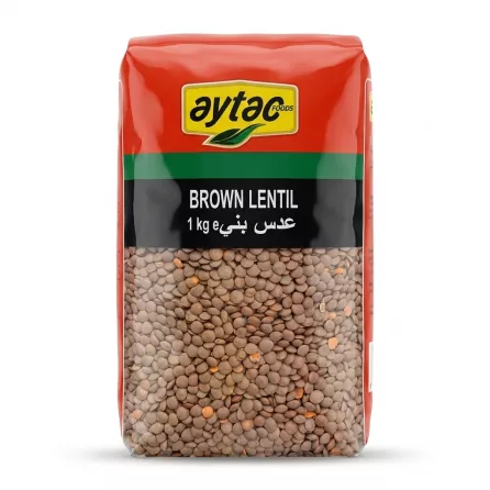 A professional 1:1 e-commerce product photograph of a 1kg bag of Aytac Brown Lentils, featuring red and clear plastic packaging, a black title band, and clear view of the dried lentils, isolated on a white background.