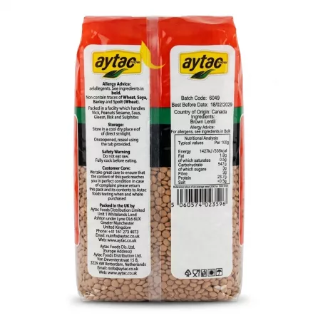 Enhanced Back of Aytac Brown Lentil 1kg bag with text