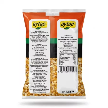 Enhanced Back of Aytac Popping Corn bag with storage and allergy information visible