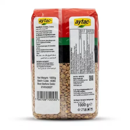 Enhanced Aytac Green Lentils 1000g back packaging with ingredients and barcode