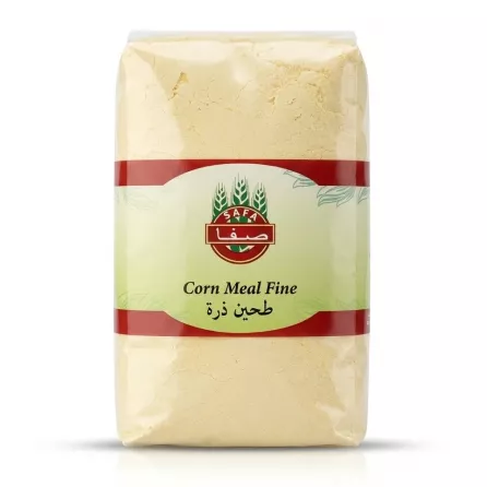 Enhanced Front view of Safa Corn Meal Fine 800g pack held in a grocery aisle