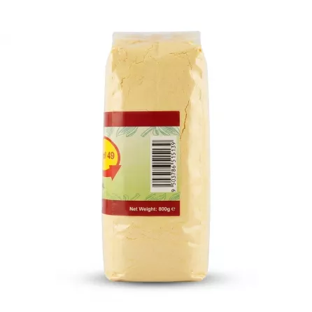A side view of a clear plastic package containing Safa Corn Meal Fine. The label is visible, displaying a barcode (9 503786 515139) and the "Net Weight: 800g e" text on a red and light green background, centered against a clean white backdrop. PRODUCT TITLE: Safa Corn Meal Fine 800g Pack (Side View with Barcode) A professional e-commerce product photograph of the 800g Safa Corn Meal Fine package, as seen in image_0.png, presented in a clean 1:1 square frame. The background is a pure, seamless white, completely removing the supermarket shelves, hand, and any people. The package is centered perfectly within the frame, filling approximately 85% of the height and width, making it the clear and prominent focus. It is shown from the same side view as image_0.png, clearly displaying the entire Safa Corn Meal Fine label. All crucial factual details are preserved: the clear plastic packaging with the corn meal product visible inside, the specific barcode number "9 503786 515139" on its white background, the red banner with "Net Weight: 800g e" in precise white text, the light green section, and the circular "49" price sticker (which, while a 'label', is an original part of the product's identity as presented and is retained for factual completeness, but cleaned of any surrounding price tags). Any visible minor creases or packaging imperfections (not text) are cleaned and smoothed for a pristine appearance. The yellow color, shape, and overall packaging remain identical. The lighting is bright, professional studio lighting, which is even and clean, highlighting the product features. A soft, subtle, and even contact shadow is cast beneath the package to create a sense of depth on the white surface, with equal shadow distribution to the left and right. The focus is incredibly sharp across the entire product and label, making all text and the barcode perfectly legible. The view is a clean, isolated presentation for an online store.