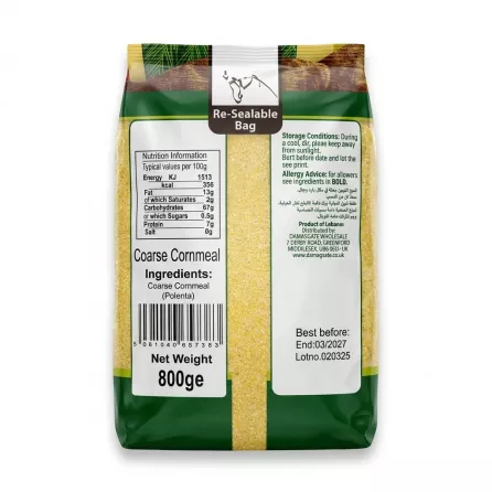 A professional studio photograph of the back of an 800g bag of Sofra Coarse Cornmeal Polenta against a clean white background. The central panel details the nutritional values and a simple ingredient list of coarse cornmeal. To the right, information on storage conditions, allergy advice, and a best-before date of March 2027 are provided. The product is shown with sharp focus under professional lighting with soft, even shadows.