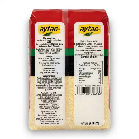 Enhanced Back of Aytac Semolina Extra Coarse 1kg showing allergy and storage info