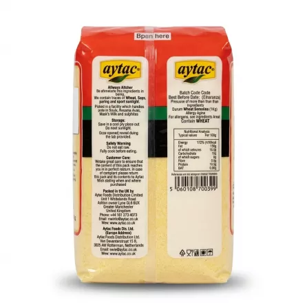 Enhanced Back of Aytac Semolina Fine 1kg showing ingredients and information
