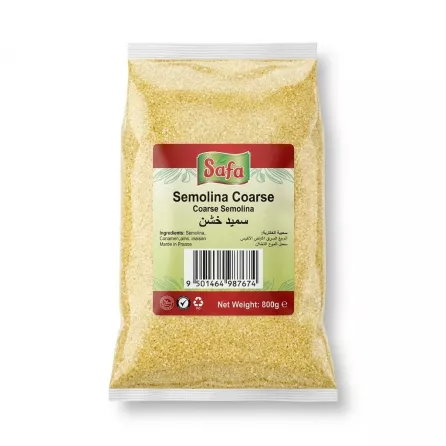 Enhanced Back of Safa Semolina Coarse 800g pack showing barcode and product information