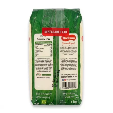A professional back-of-pack photograph of a 1kg package of Bodrum Fine Semolina, highlighting nutritional information, ingredients, the "RESEALABLE TAB," and eco-friendly packaging details.