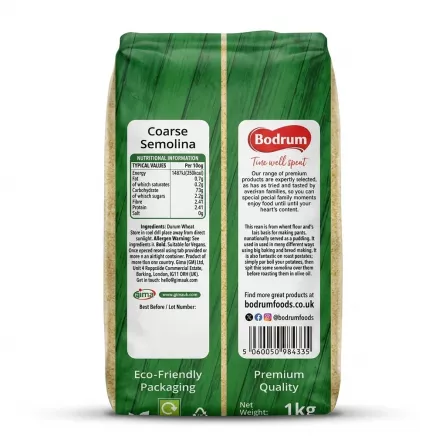Enhanced Back view with nutritional and product details of Bodrum Coarse Semolina 1kg